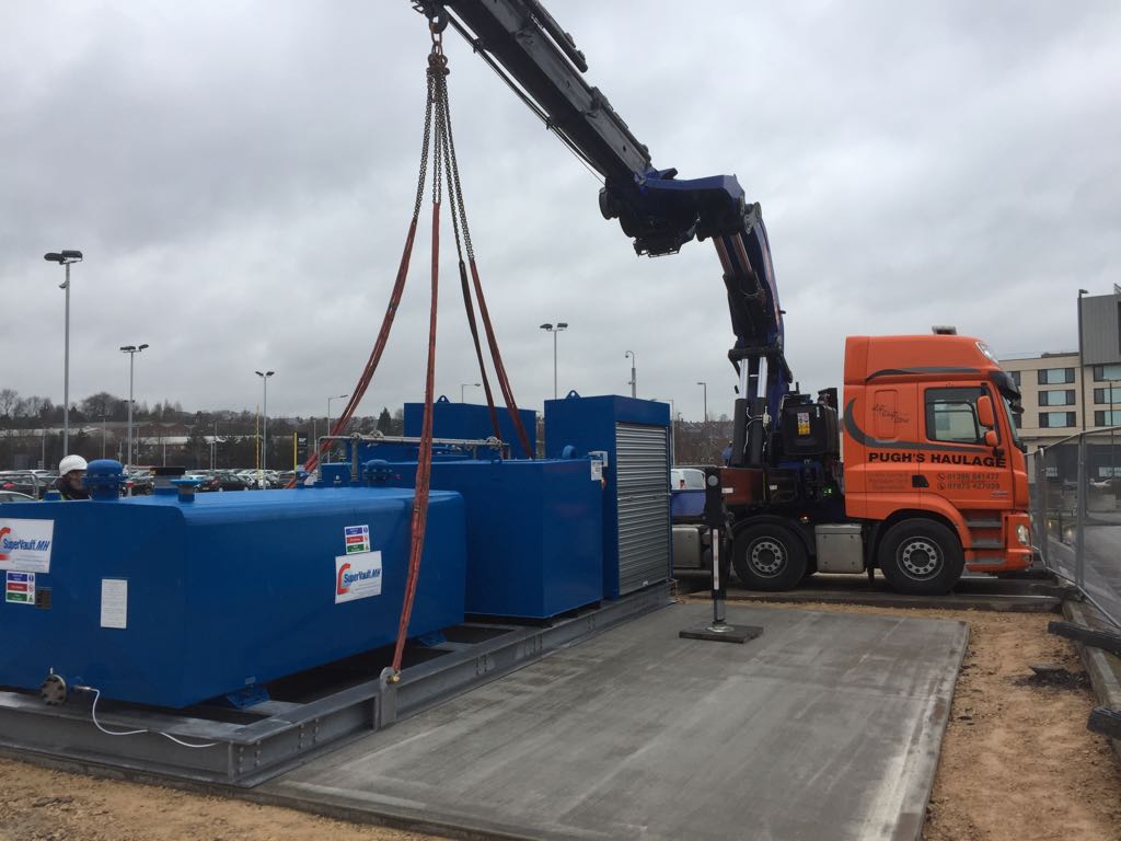 Fuel Recovery Forecourt Installation in Cheshire by Guy Nixon Groundworks - here a crane is delivering key elements to site